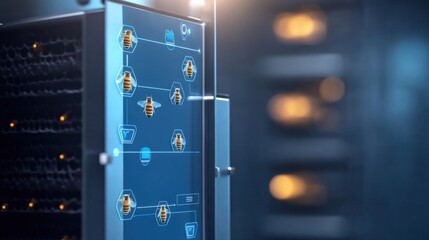 Data processing action server room digital interface high-tech environment close-up viewpoint modern technology concept