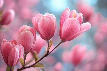 Obraz premium Soft pink petals open under gentle sunlight in a tranquil garden. The blossoms showcase the beauty of nature, marking the arrival of spring with vibrant colors and refreshing fragrances