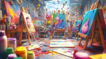 A vibrant messy art studio filled with canvases and paintings