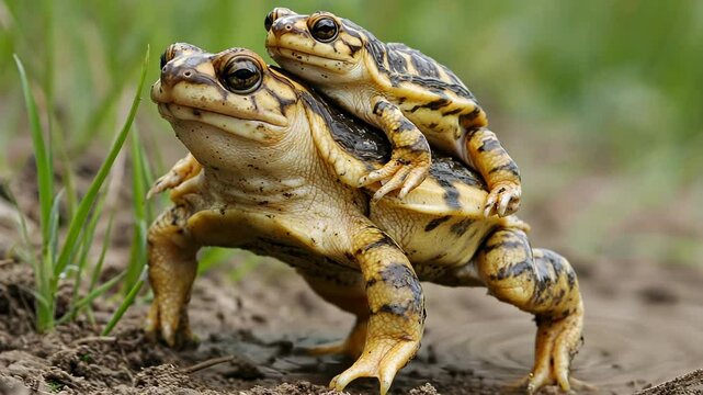 Two turtles on a frog's back in a natural setting during daytime