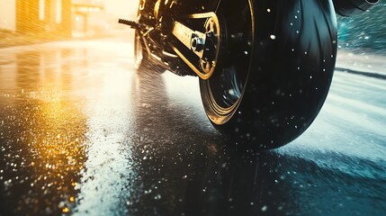 Close-up of a motorcycle tire splashing through rain on a wet surface during sunset, creating a dynamic atmosphere with droplets reflecting light