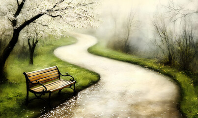Obraz premium Peaceful park path with bench under blossoming trees