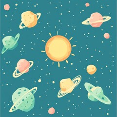 Cartoon drawing featuring planets sun and many stars