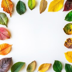 Autumn leaves forming a frame on white background. Perfect seasonal desktop wallpaper and graphics