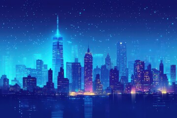 Obraz premium Digitally illustrated cityscape reflecting in dark blue water surface