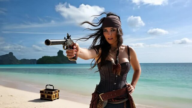 A courageous female pirate with flowing hair, dressed in a leather corset and bandana, stands on a beach, flintlock pistol in hand, next to buried treasure.