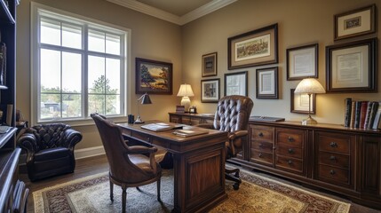 Elegant Home Office with Dark Wood Furnishings and Natural Light
