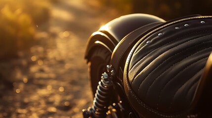 Fototapeta premium Close-up of a vintage motorcycle seat glistening with dew, illuminated by warm sunlight, on a winding gravel path in a natural setting