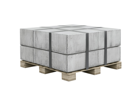 Stack of gray bricks on a wooden pallet, isolated
