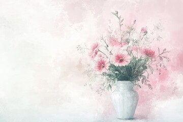 Vase of pink gerbera daisies with delicate artistic rendering