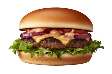 Hamburger with lettuce, tomato, and onions, isolated