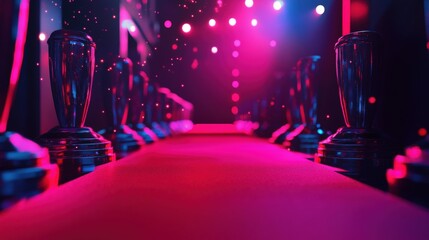 Glamorous Awards Ceremony: The path to recognition and achievement, a red carpet leads the way to a vibrant awards ceremony with glowing trophies, stage lights, and sparkling ambiance.
