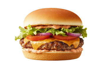 Hamburger with lettuce, tomatoes, onions, and cheese, isolated
