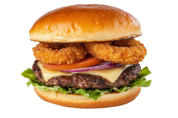 Burger with a bun and onion rings on top, isolated