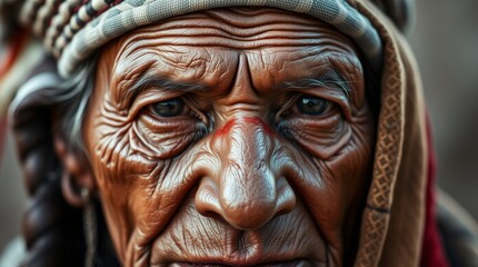 Fototapeta premium Portrait of an old Native American man with a peaceful, experienced look