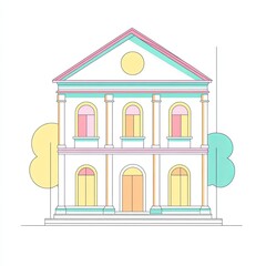 bank building, a simple line drawing, flat design style, pastel colors, white background