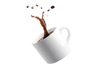 White coffee cup with a splash of coffee on the side, isolated