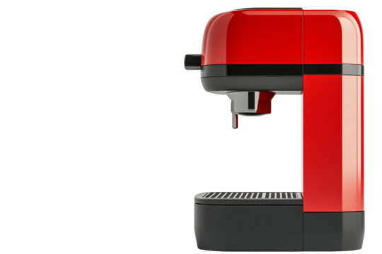 Red coffee maker with a black handle, isolated