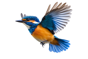 Blue and orange bird with its wings spread out in flight, isolated
