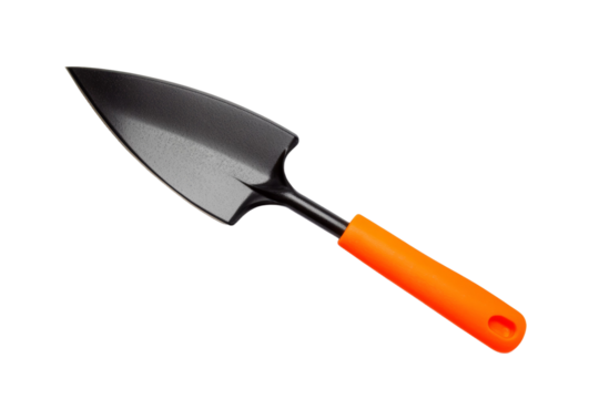 Black and orange garden tool with a curved handle, isolated