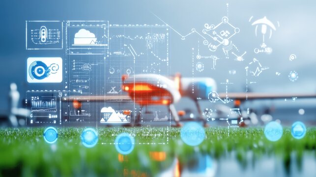 Drone technology advancements agricultural fields digital interface futuristic environment close-up view innovation and efficiency