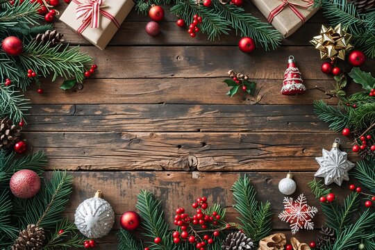Festive Decorations on Rustic Vintage Wooden Planks