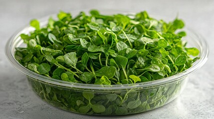 Freshly harvested microgreens are displayed in a clear container, showcasing the vibrant green leaves. The microgreens represent a sustainable approach to urban gardening and healthy living