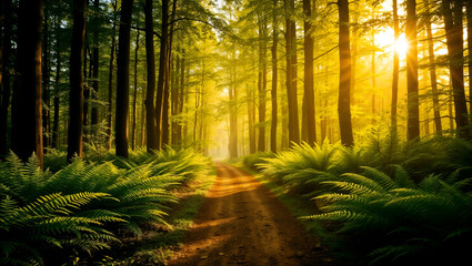 Fototapeta premium A scenic forest path with sunlight filtering through lush green trees, evoking peace and nature's beauty. Generative AI