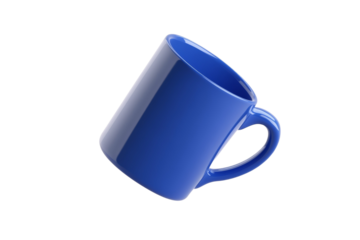 Blue coffee cup with a handle is shown upside down on a white background, isolated