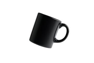 Black coffee cup with a handle is upside down on a white background, isolated