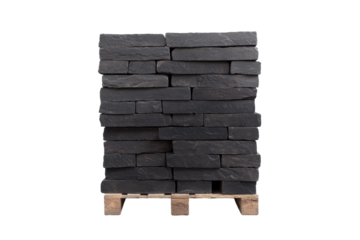 Stack of black bricks on a wooden pallet, isolated
