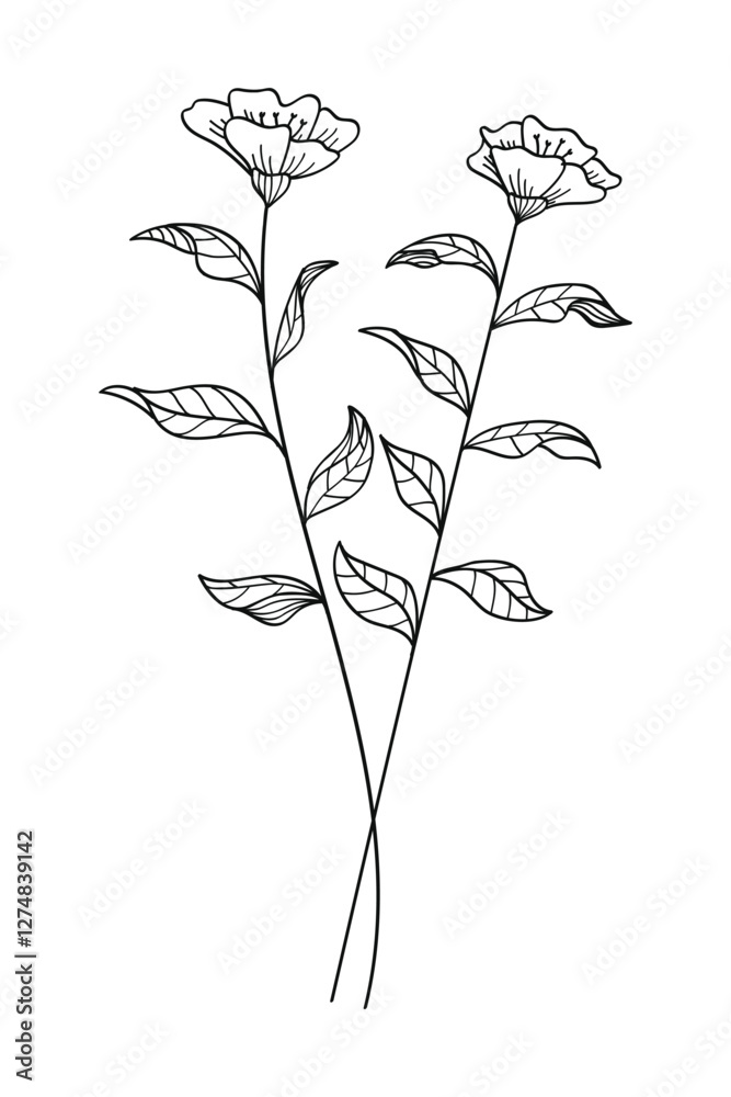 Wall mural Tree branch and flower botanical line art nature element.Vector illustration.