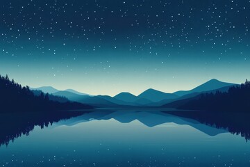 Serene landscape shows mountains trees and water reflecting starry sky