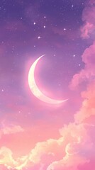 Crescent moon shines brightly amidst pink clouds and stars