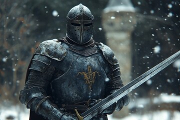 Fototapeta premium A snowy winter day finds an armored knight standing guard before an imposing medieval castle.