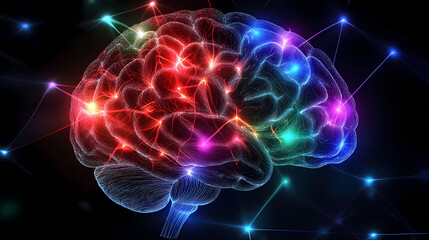Human brain with electrical activity, colored neurons glowing on black background. Magnetic Light Resonance. Illustration