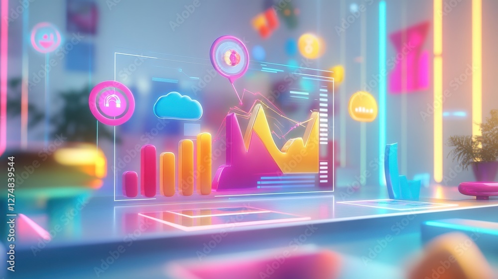 Wall mural colorful digital analytics dashboard in modern workspace setting