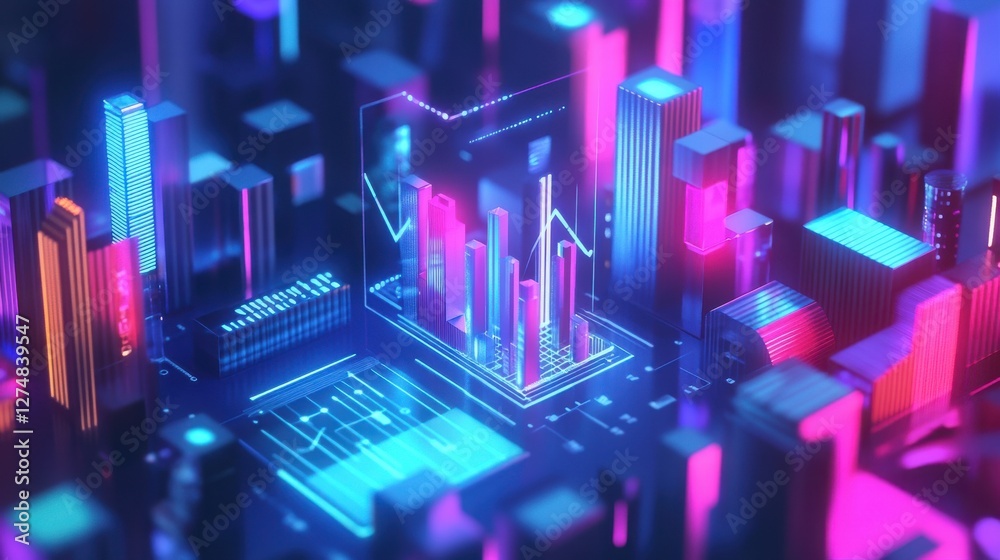 Poster abstract digital cityscape with colorful graphs and data visualization