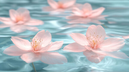 Pink cherry blossoms floating on water, serene and beautiful, close-up image for a calming aesthetic, possible use in a spa or wellness product
