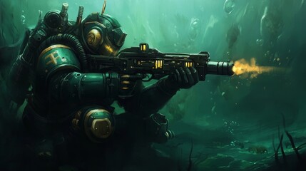 Green and Gold Knight, Armed with a Gun, Aims at the Fog-veiled Target