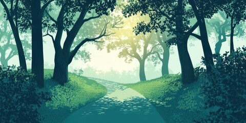 Fototapeta premium Winding path leads through a luminous and misty forest
