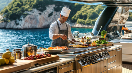 Male chef preparing gourmet dishes on a luxury yacht in a stunning coastal setting.
