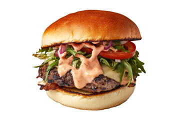 Hamburger with a sauce on it, isolated