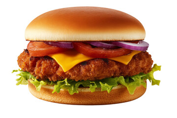 Hamburger with a bun, lettuce, tomato, onion, and cheese, isolated