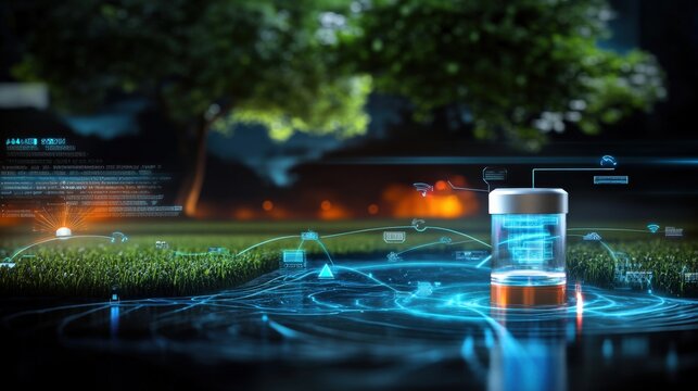 Innovative battery technology revolutionizes energy storage urban park digital art nighttime futuristic concept