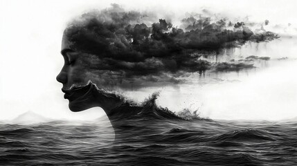 Fototapeta premium Woman, storm clouds, ocean waves, mountains; mental health concept