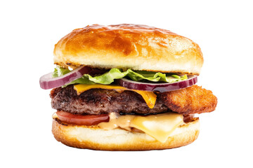 Hamburger with a piece of chicken on top of it, isolated