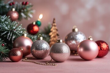Charming Elegance and Shimmering Decorations with Festive Bokeh Bulbs on a Soft Rose Canvas