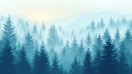 Fototapeta premium Evergreen trees shrouded in mist creates a serene forest landscape