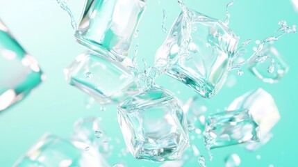 Obraz premium Crystal Clear Ice Cubes Splashing in Aqua Water